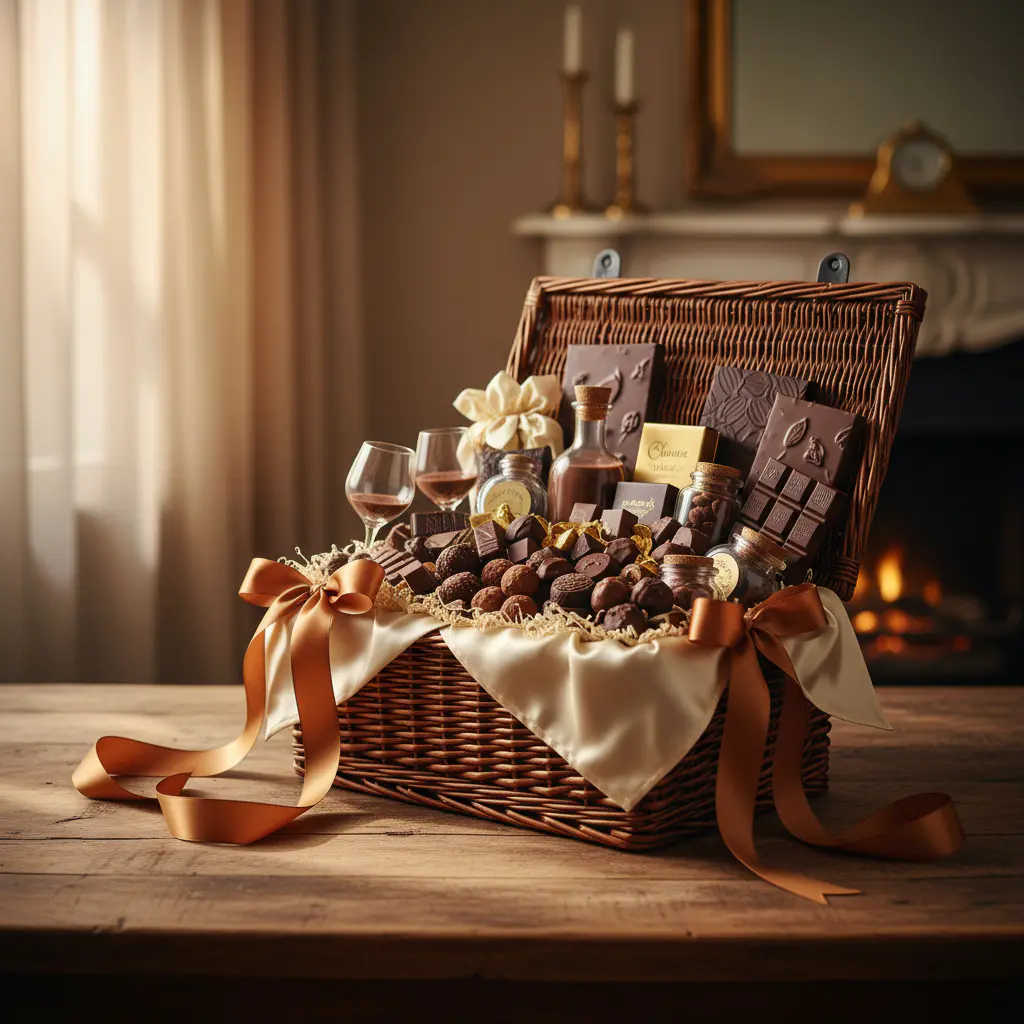 Luxury open chocolate gift hamper with satin ribbons