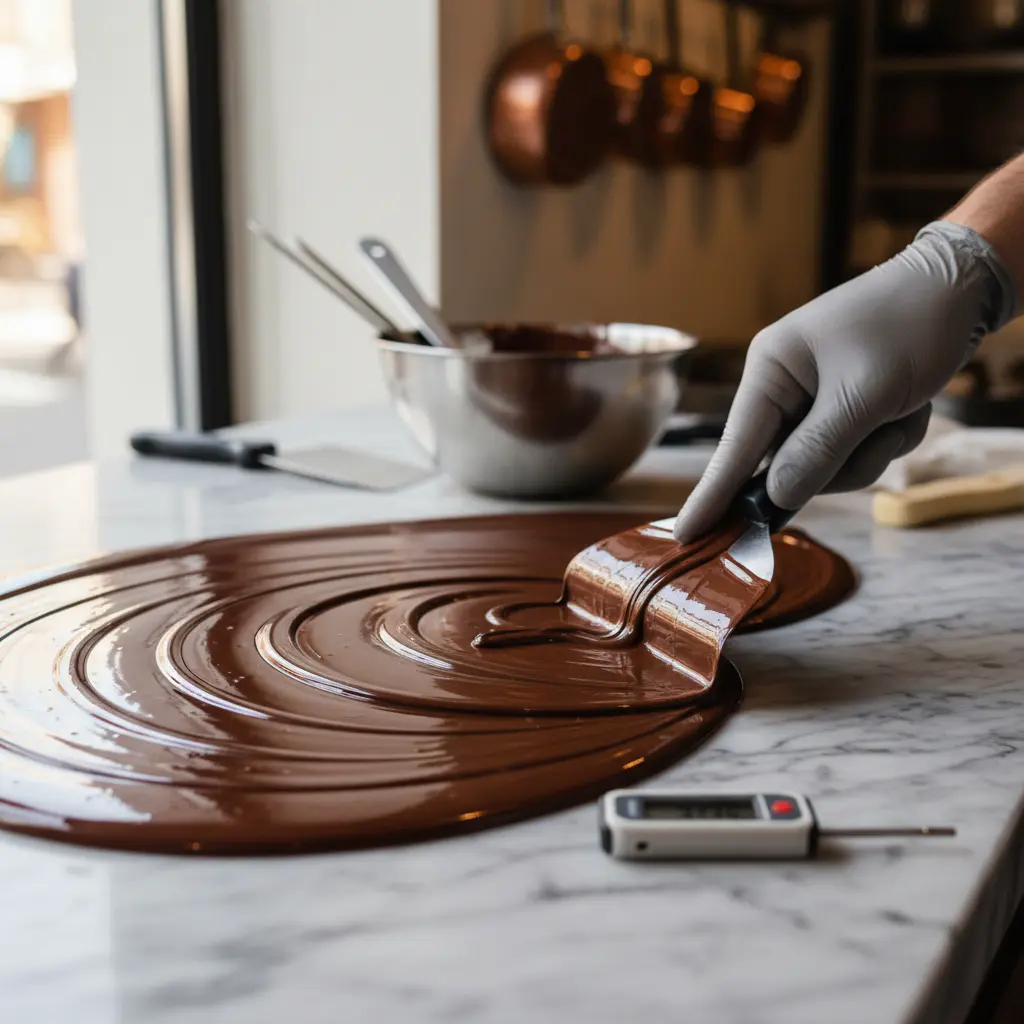 Molten chocolate being tempered